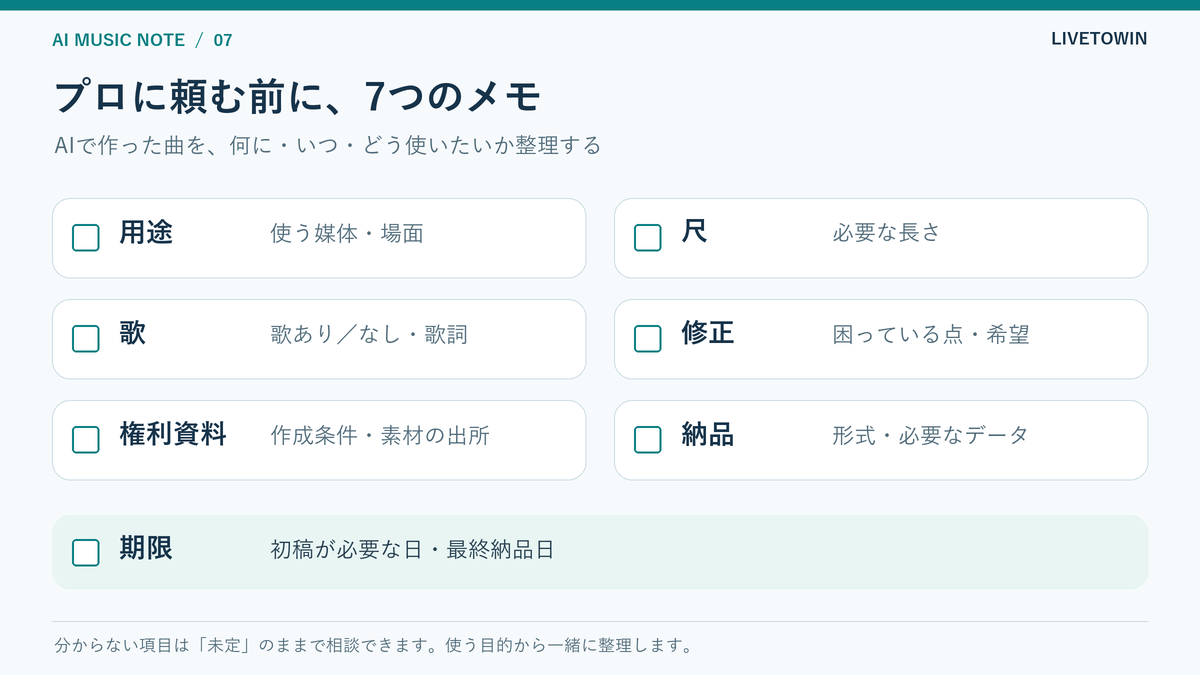 プロにAI作曲の仕上げを依頼する前に、用途、尺、歌、修正希望、権利資料、納品形式、期限を整理するチェックメモ。
