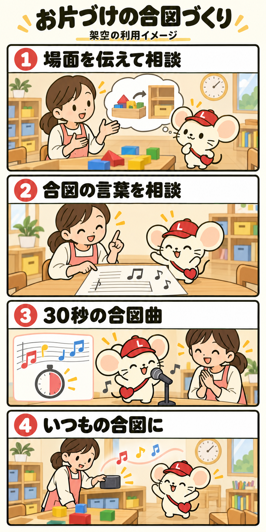 架空の教室で先生とウィンリーが、使う場面と言葉を相談し、30秒の合図曲を作って流す4コマ漫画。