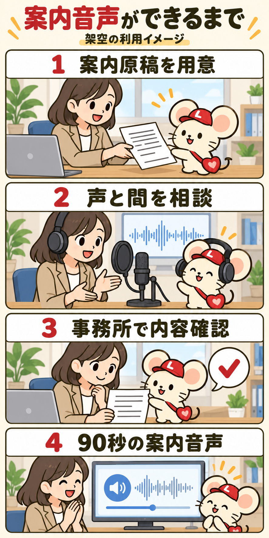 ウィンリーと事務所担当者が、原稿の用意、声と間の相談、内容確認を経て90秒の案内音声を作る、架空の利用例の4コマ漫画。