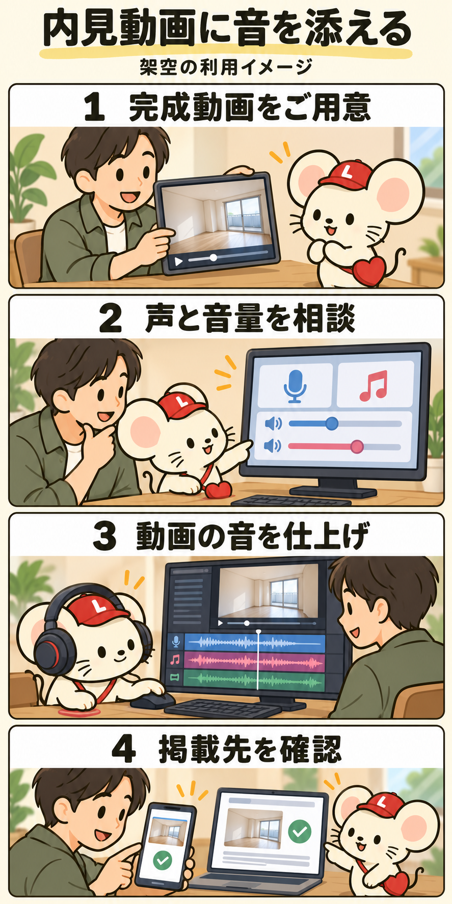 ウィンリーと動画担当者が、完成した架空の内見動画を用意し、声と音量を相談して音を仕上げ、掲載先を確認する4コマ漫画。