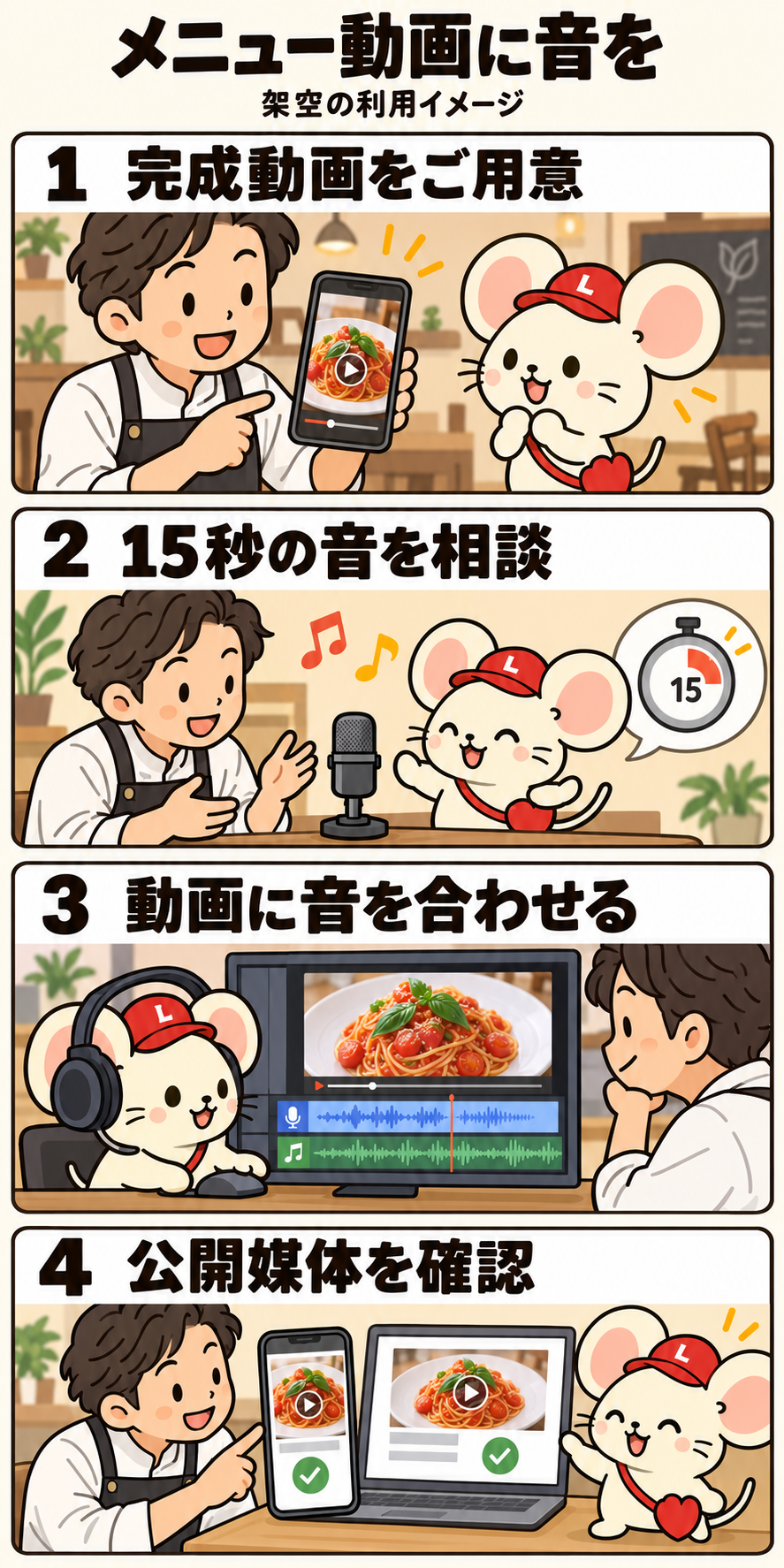 ウィンリーと飲食店担当者が、架空メニューの完成動画を用意し、15秒の音を相談して動画に合わせ、公開媒体を確認する4コマ漫画。