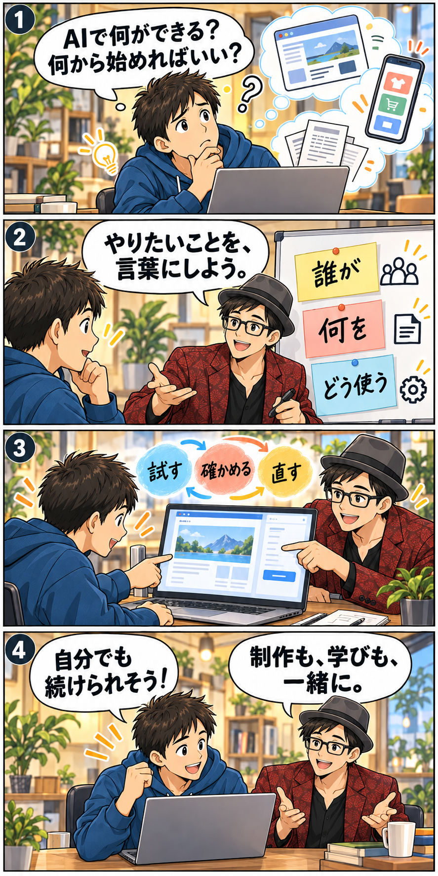 希望を言葉に整理し、AIで試作、確認と修正を重ね、自分でも続けるまでを伴ちゃんが案内する4コマ漫画